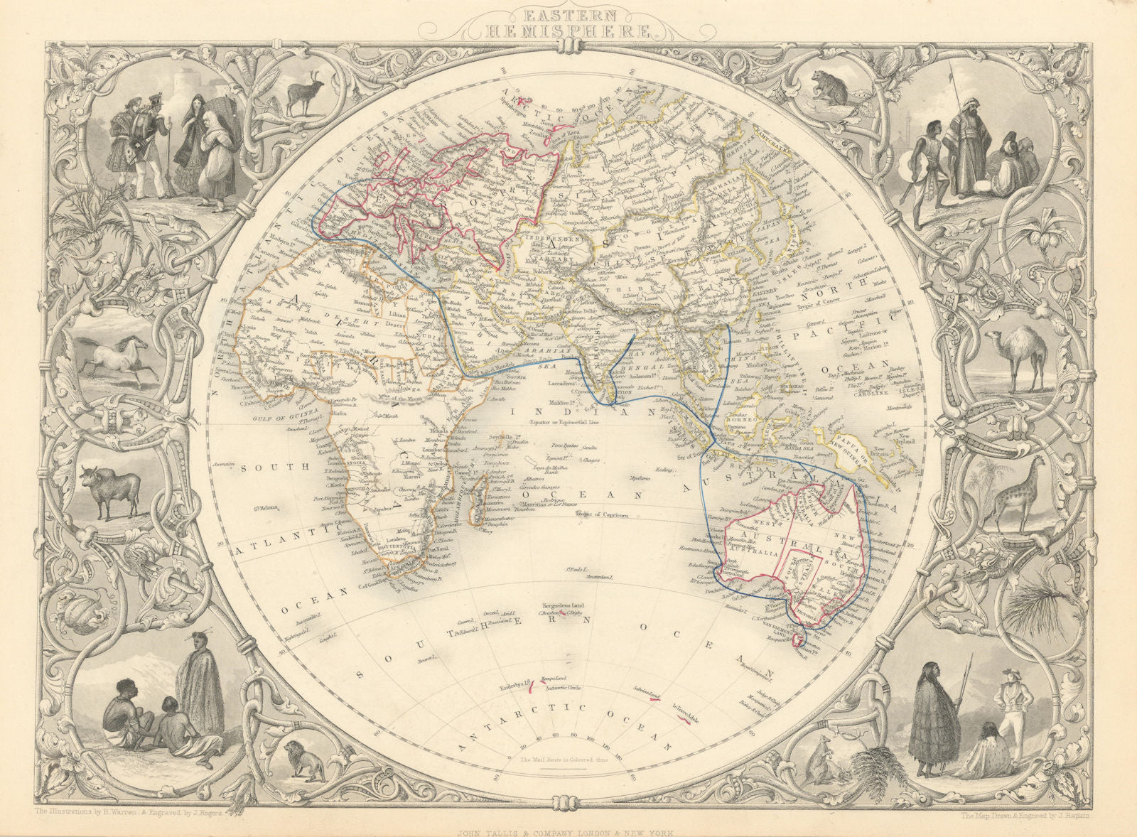 EASTERN HEMISPHERE.Shows mail routes to British colonies. RAPKIN/TALLIS 1851 map